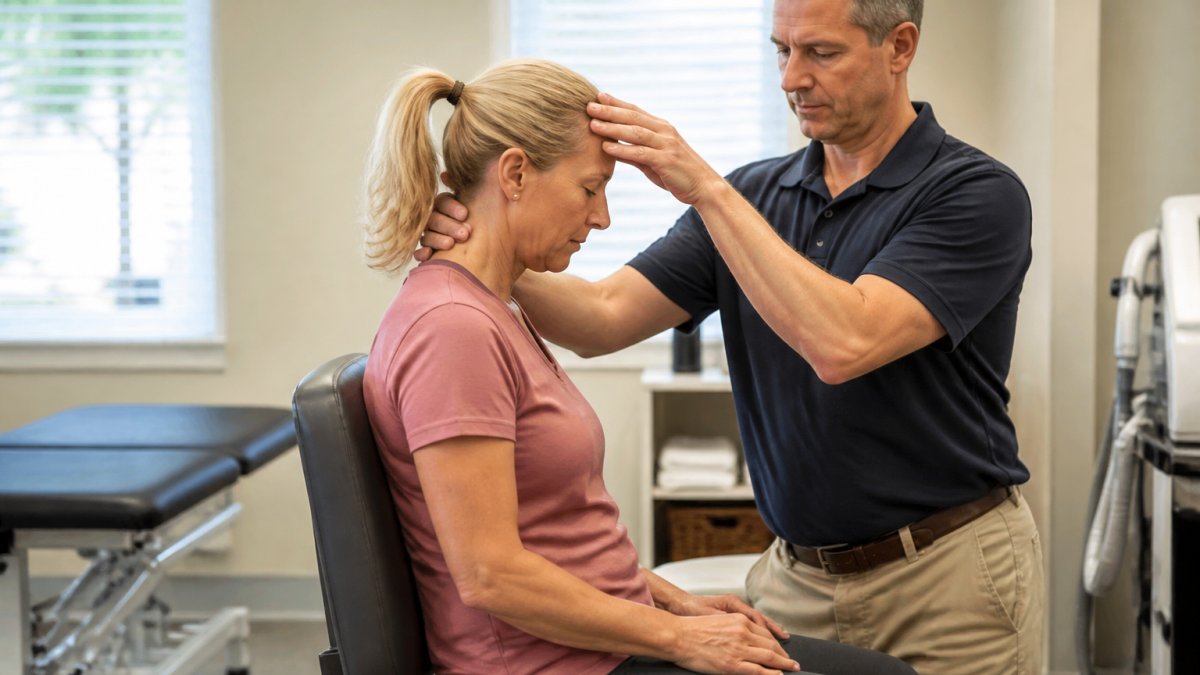 Physical therapist guiding a patient through chin tuck exercises to correct forward head posture in a clinic.