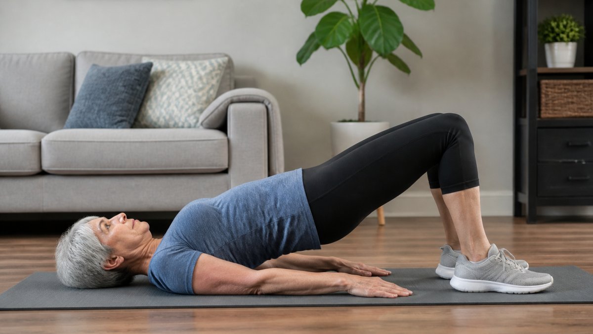 Older adult performing a glute bridge exercise on a yoga mat at home, demonstrating proper form with neutral spine alignment and controlled movement
