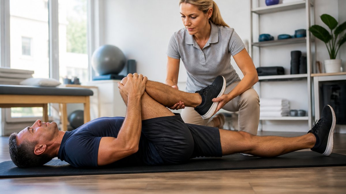 Physical therapist guiding a patient through non-surgical back pain treatment exercises in a bright clinic.