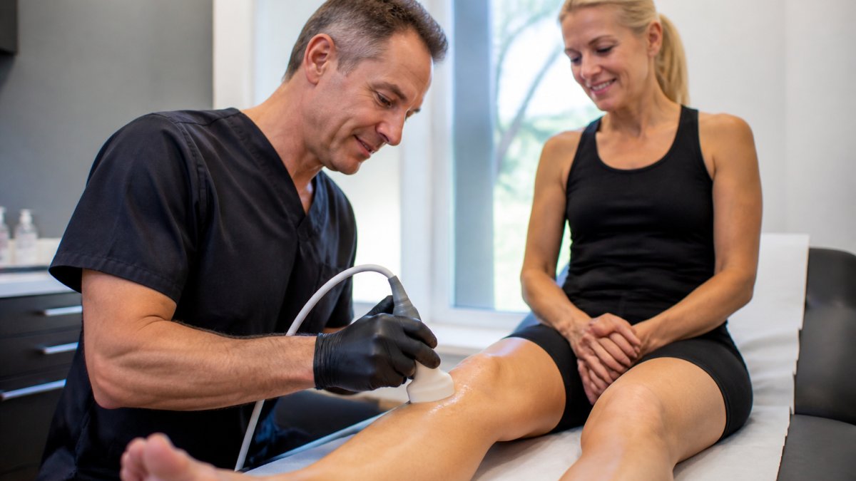 Doctor using dynamic ultrasound to examine a patient's knee during a regenerative medicine consultation