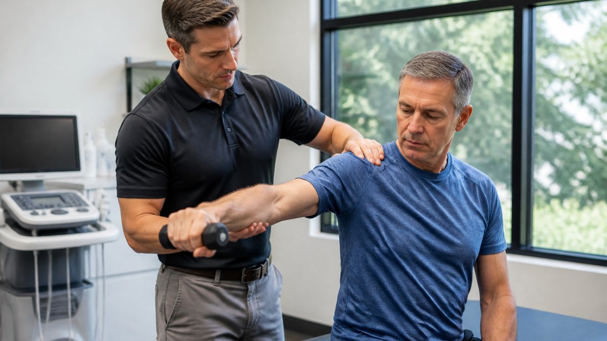 A physical therapist guiding a middle-aged patient through a gentle shoulder range-of-motion exercise in a bright, modern clinic room with an ultrasound machine visible in the background